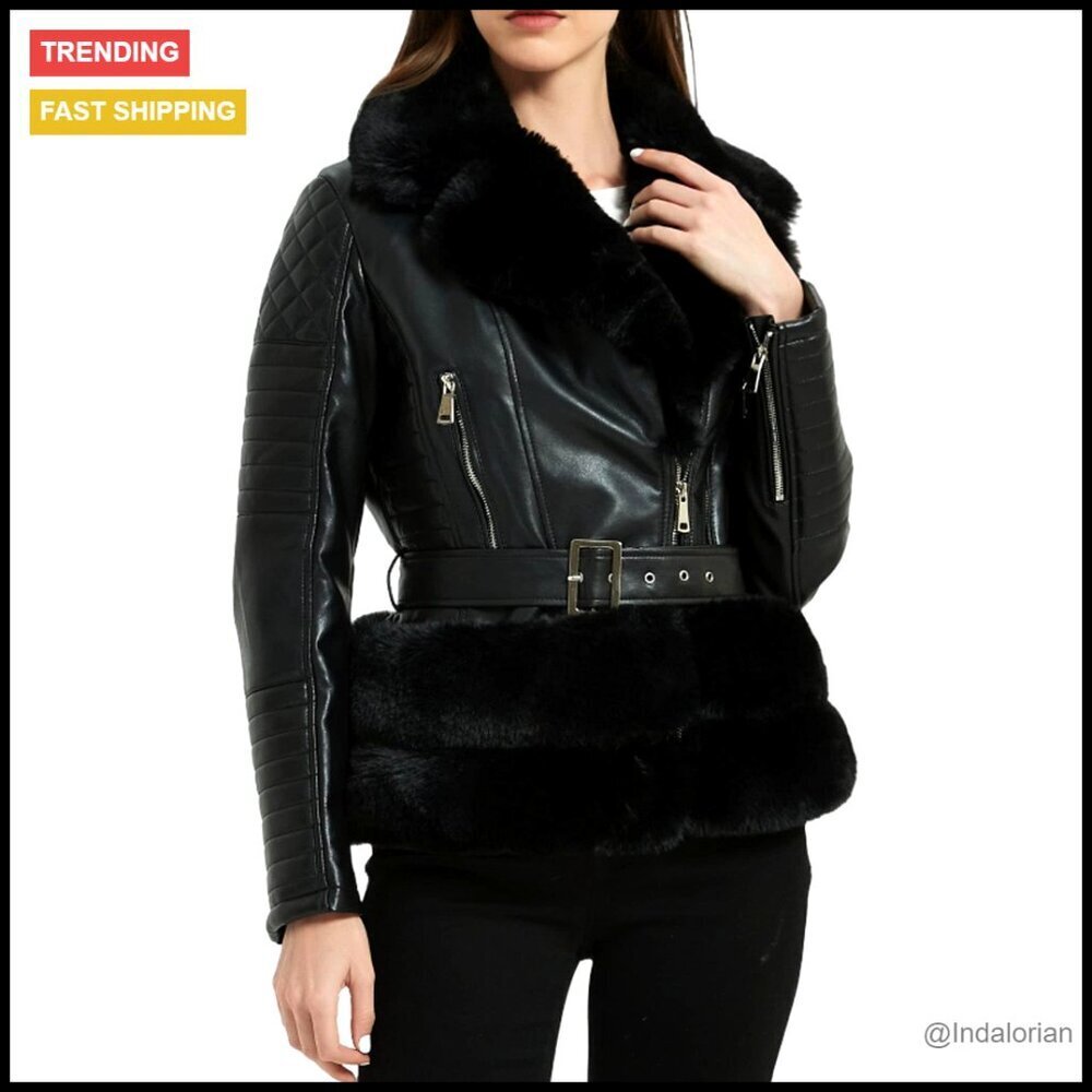 Faux Leather Moto Jacket Sherpa Lined Removable Fur Collar Slim Fit Biker